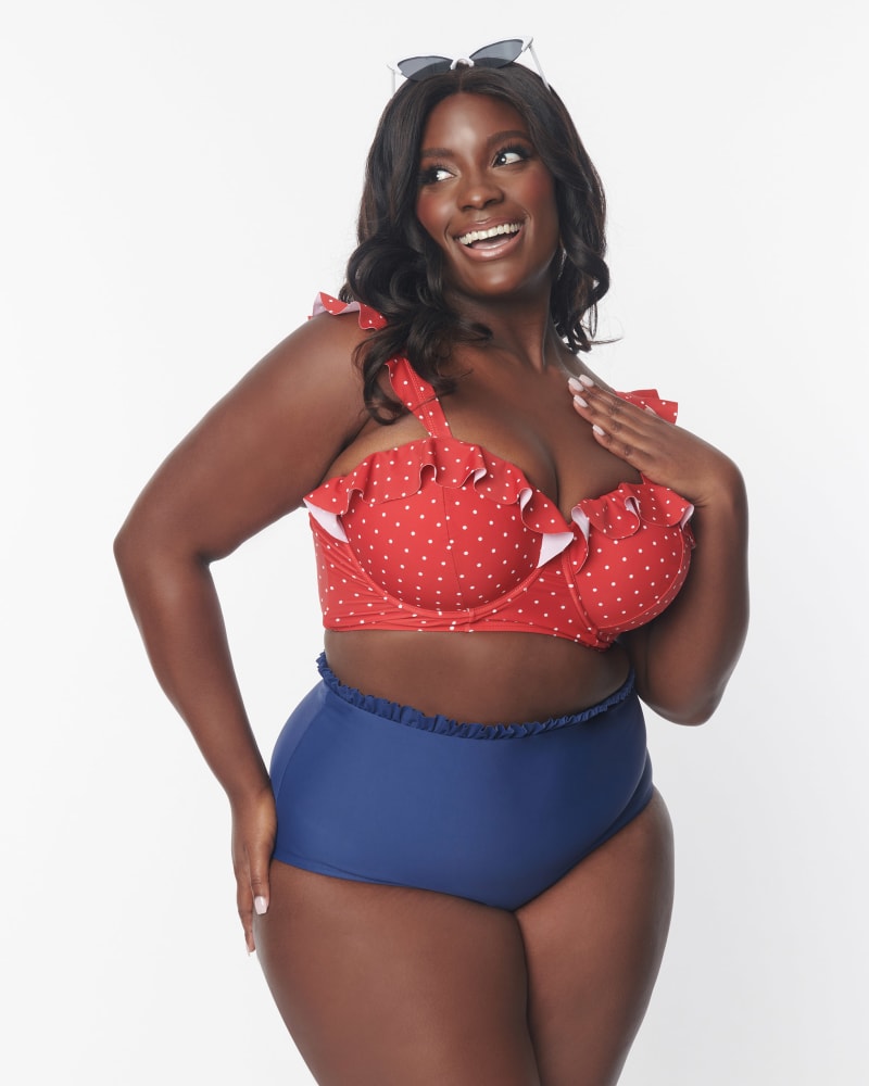 Front of a model wearing a size 3X Unique Vintage Navy Cape May Swim Bottoms in Navy by Unique Vintage. | dia_product_style_image_id:331976